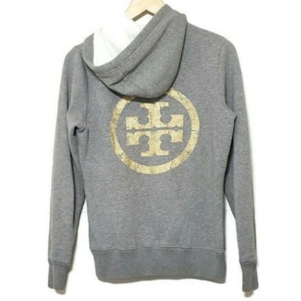 TORY BURCH ZIPPER HOODY LOGO SWEATER SIZE SMALL